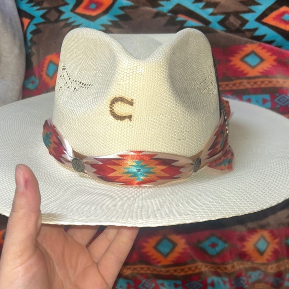 Charlie 1 Horse Accessories - Cream Straw Cowboy Hat with Colorful Southwestern Hatband
